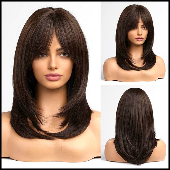 Shoulder-Length Layered Wig with Bangs Heat Resistant Synthetic Fibre